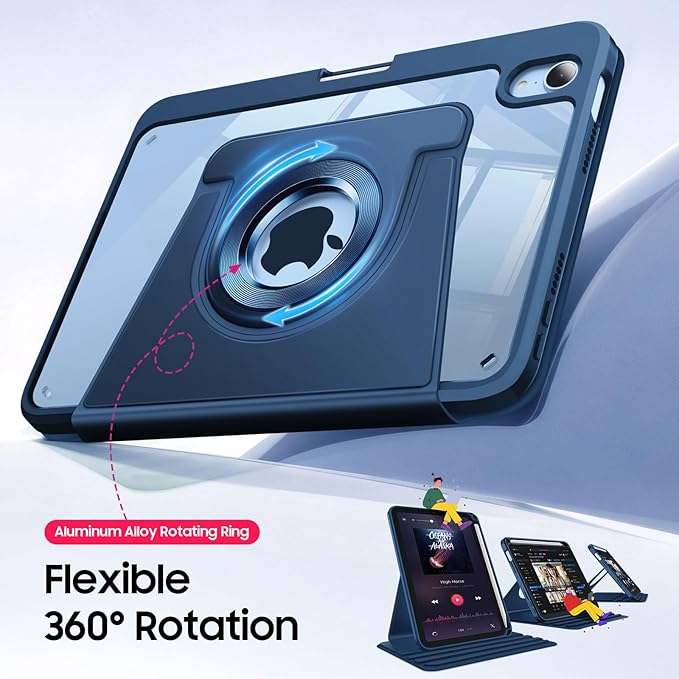 Fintie 360 Degree Rotating Case for iPad mini 7 (A17 Pro, 7th Generation) 2024 / iPad mini 6 (6th Gen) 8.3 Inch - Swiveling Protective Stand Clear Back Cover with Pencil Holder (Navy Blue)