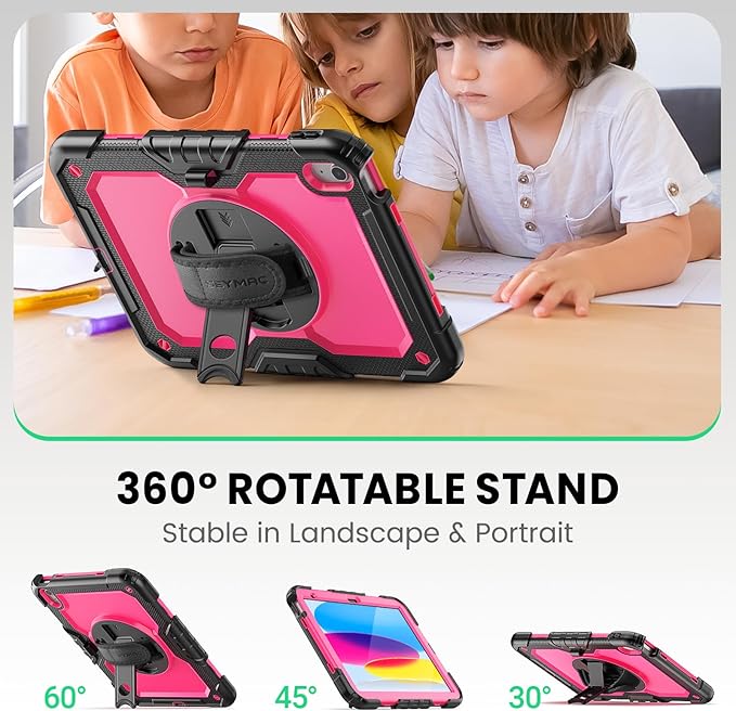 SEYMAC Case for iPad (A16) 11th/10th Generation 2025/2022 (11″/10.9″), Sturdy Heavy Duty Full-Body Shockproof Protective Case with Screen Protector, Rotating Stand, Hand/Shoulder Strap, Pink
