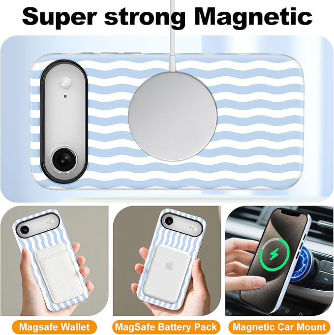 Magnetic for iPhone 17 Air Case Cute Wavy Stripes Phone Case, Shockproof Slim TPU and Hard PC Protective Phone Cover Compatible with MagSafe Designed for Women Girls, Blue