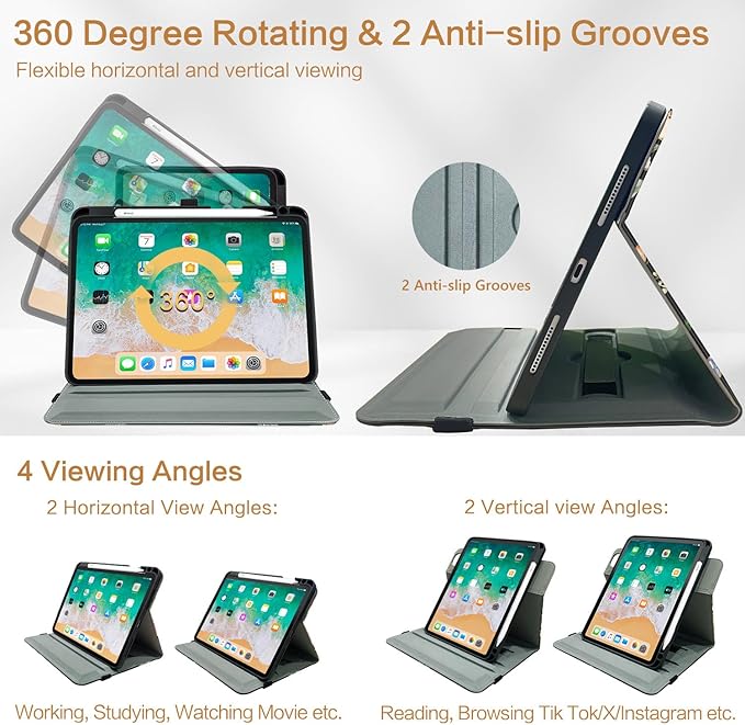 Rotating Case for iPad Air 11 Inch M4/M3/M2 2026, for iPad Air 5th/4th Gen Cases,for iPad Pro 11 Inch Case 4th/3rd/2nd/1st Generation Pencil Holder/Hand Strap/Pocket 360 Degree Rotating, Ocean Beach
