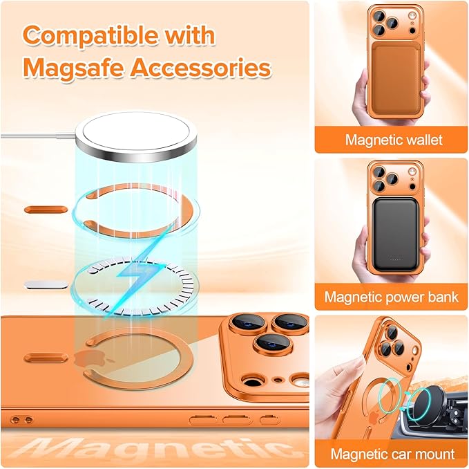 Hython Magnetic Clear for iPhone 17 Pro Max Case with Camera Lens Protector [Compatible with MagSafe] Plating Edge Slim Soft TPU Cover Protective Phone Case for iPhone 17 Pro Max 6.9", Matte Orange