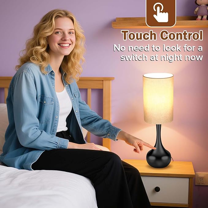 Mid Century Modern Droplet Table Lamp,Touch Control & 3-Way Dimmable,No Assembly Required Cylinder Shade,Black Vintage Farmhouse Bedside Lamp for Bedroom,Nightstand,Living Room,Office