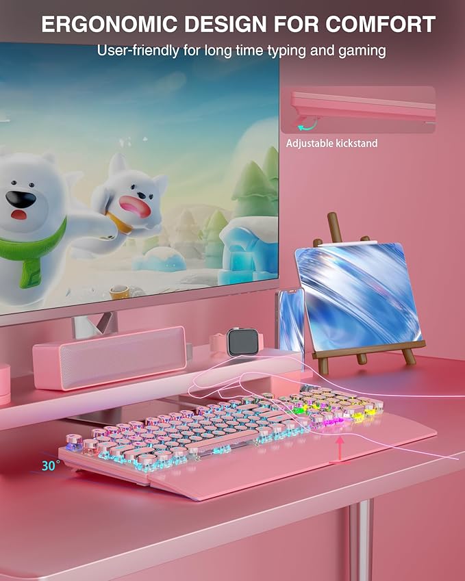 AULA F2088 Typewriter Mechanical Keyboard, Pink Retro Wired Gaming Keyboard with Blue Switches, Rainbow Backlit, Round Keycaps, Media Knob & Removable Wrist Rest