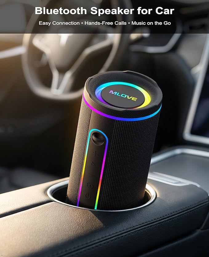 MLOVE E80 Speakers Bluetooth Wireless, Portable Bluetooth Speaker with Aux Input, Micro SD Card Slot, Bass Up, TWS, RGB Lights, IPX7 Waterproof, BT5.4 for Outdoor, Car Music, Beach, Gifts, 30W, Black