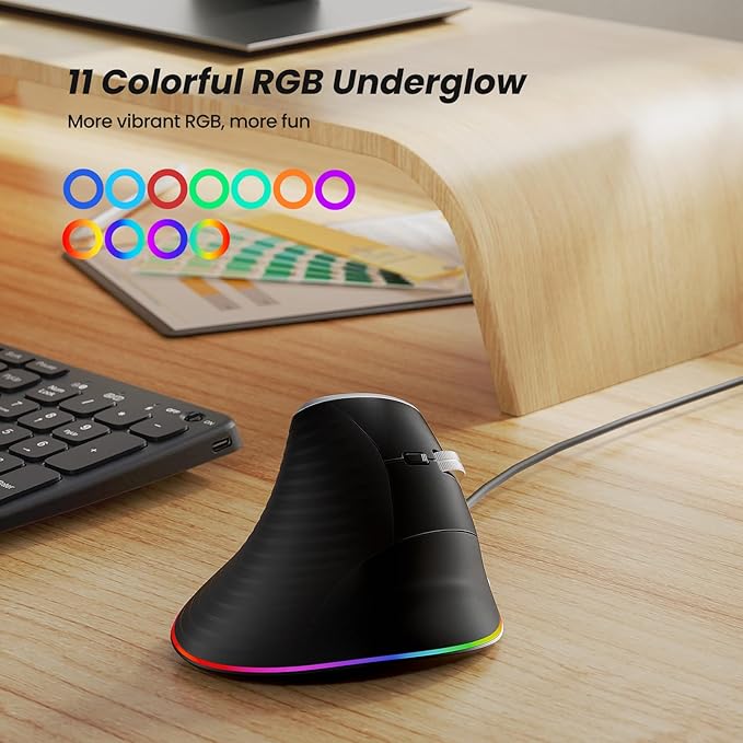 Nulea M504 Wired Vertical Mouse, USB Optical Ergonomic Mouse Wired with 4 Adjustable DPI, 11 RGB Backlight Modes, Compatible for Laptop, PC, Desktop, Mac, Black