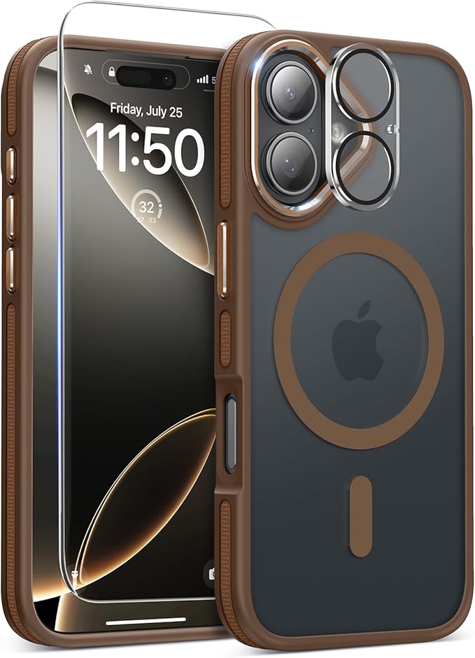 Magnetic 3 in 1 for iPhone 17 Case, [Omni-Directional Protection] with 1x Screen Protector + 1x Camera Cover, [Seamless Work with Magsafe] Translucent Protective Silm Phone Case for iPhone 17 Brown