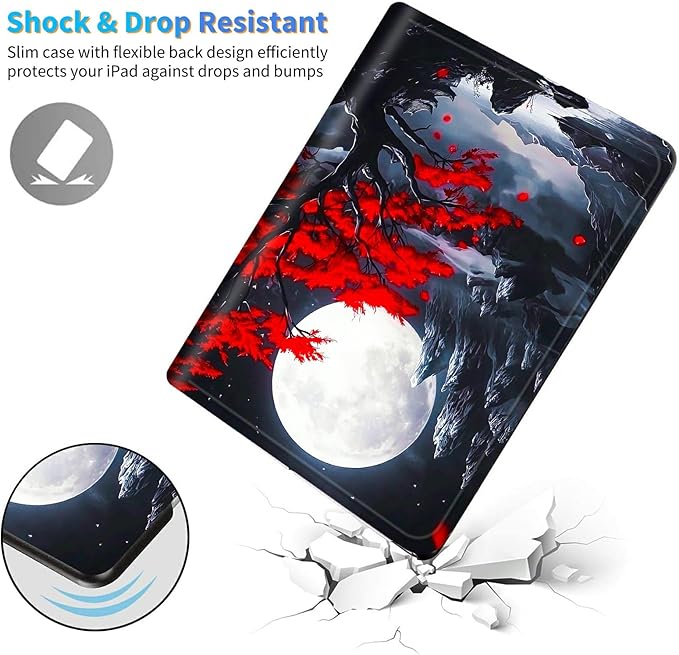 for Amazon Kindle Fire 7 (9th/7th/5th Generation, 2019/2017/2015 Release) 7" Tablet Case, Slim Kickstand Stand Leather Smart Cover with Auto Wake/Sleep, Red Leaf Moon