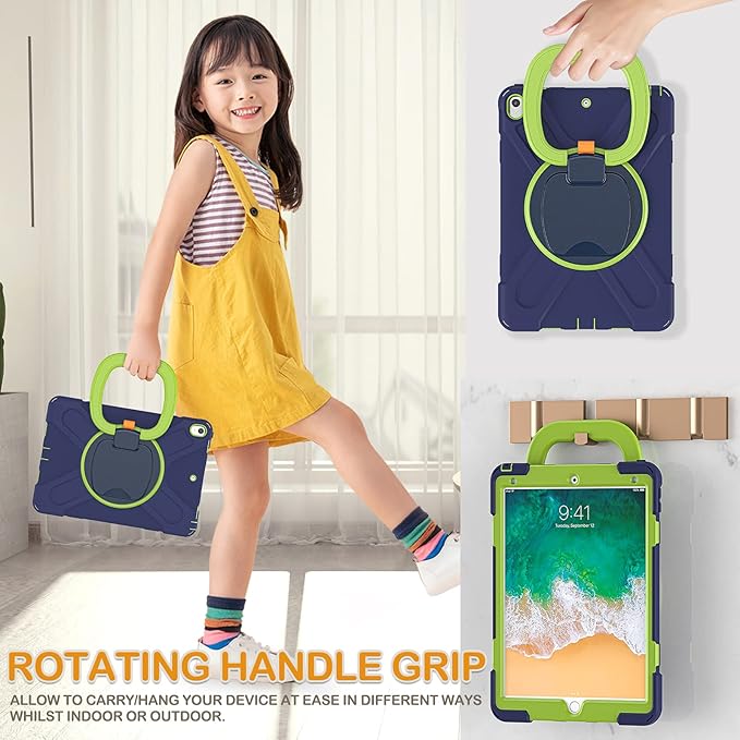 BRAECN Case for iPad Air 3 10.5 Inch 2019, Hybrid Shockproof Rugged Silicone Case with Pencil Holder, Folding Hand Grip, Stable Kickstand,Carrying Shoulder Strap for iPad Pro 10.5” 2017-Navy Green