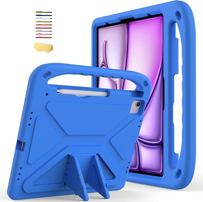 Kids Case for Apple iPad Air 13 inch Tablet M4/M3/M2 (2026/2025/2024) with Pencil Holder, Anti-Slip Handle Slim Lightweight Stand Shockproof Soft EVA Protective Silicone Bumper Cover, Blue