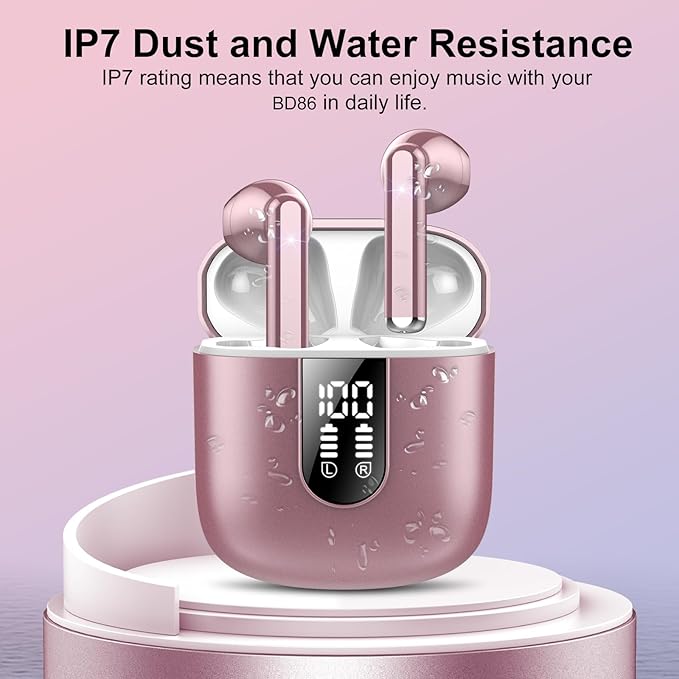 Wireless Earbuds, Bluetooth 5.4 Headphones HiFi Stereo, Bluetooth Earbuds with ENC Noise Cancelling Mic, 36H LED Display Ear Buds, IPX7 in Ear Earphones for Phone Tablet Laptop Sports, Rose Gold