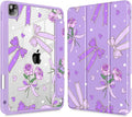Tuiklol for iPad Pro 12.9 Inch 6th/5th/4th/3rd Generation 2022 2021 2020 2018 Case,Built-in Pencil Holder Clear Transparent Protective Back Shell Cover with Auto Sleep/Wake, Bow & Rose Purple
