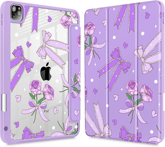 Tuiklol for iPad Pro 12.9 Inch 6th/5th/4th/3rd Generation 2022 2021 2020 2018 Case,Built-in Pencil Holder Clear Transparent Protective Back Shell Cover with Auto Sleep/Wake, Bow & Rose Purple