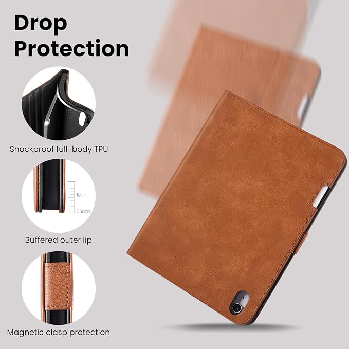 Case for iPad Air 11 Inch M4/M3/M2 (2026/2025/2024),iPad Air 5th/4th Generation 10.9'' Folio Cover with Pencil Holder Pocket,Magnetic Closure,Multi Angles Stand,Auto Sleep/Wake,Brown