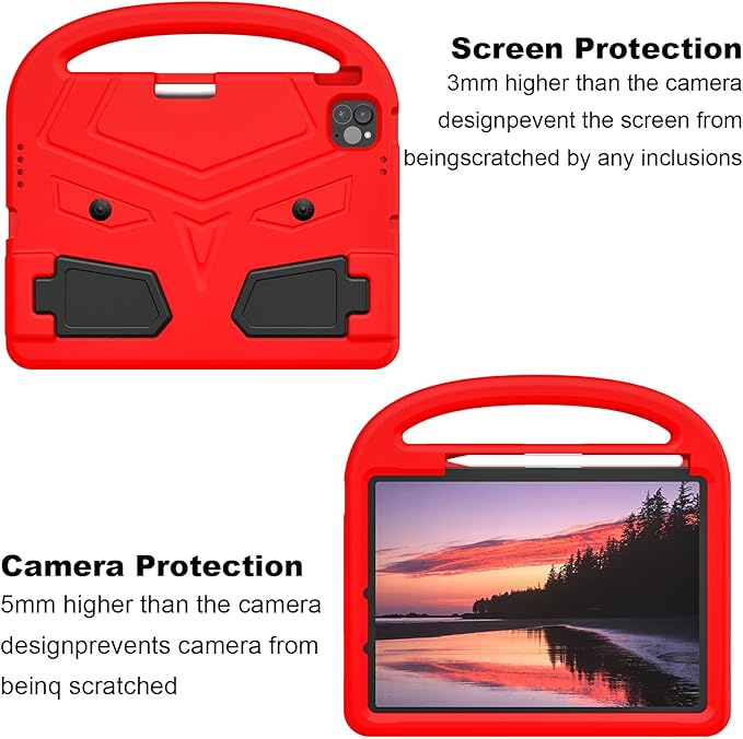Kids Case for Apple iPad Pro 11 inch M5/M4 Tablet (2025/2024) with Pencil Holder/Handle/Kickstand Slim Lightweight Cute Soft EVA Foam Shockproof Stand Cover for Boys Girls Teens, Red Bird