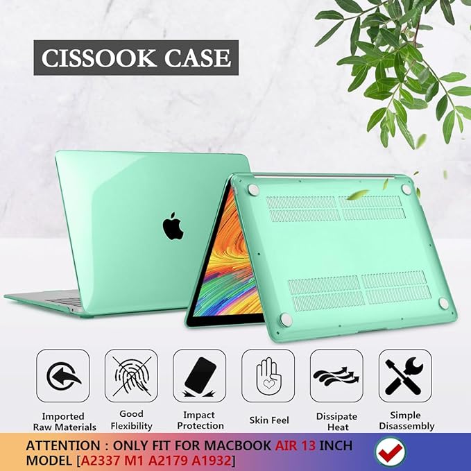 CISSOOK for MacBook Air 13 Inch Case 2021-2018 Release,Plastic Hard Shell Case with Keyboard Cover and Screen Protector for MacBook Air 13 A2337 M1 A2179 A1932 Model with Touch ID - Crystal Green
