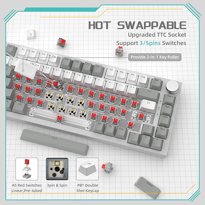 Attack Shark ajazz AK820 75% Mechanical Gaming Keyboard with Knob Hot Swappable Custom Gasket Mounted Keyboard USB-C Wired White LED Linear AS Red Switch for PC/Win/Mac