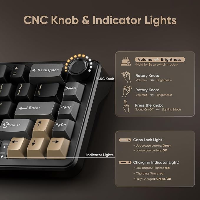 RedThunder K65 Wireless Mechanical Keyboard, CNC Knob, Tri-Mode BT5.0/2.4GHz/USB-C Hot Swappable Custom, Pre-lubed Linear Coconut Switches, Gasket Structure, RGB Gaming Keyboard, Black-Gold