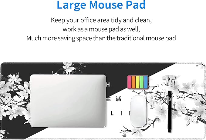 Black White Cherry Blossom Mouse Pad Japanese Sakura Death Life Extended Desk Mat 80X30 cm Non-Slip Rubber Base Stitched Edge Large XL Playmat for Gaming Laptop Computer PC Desktop,31.5×11.8 Inch