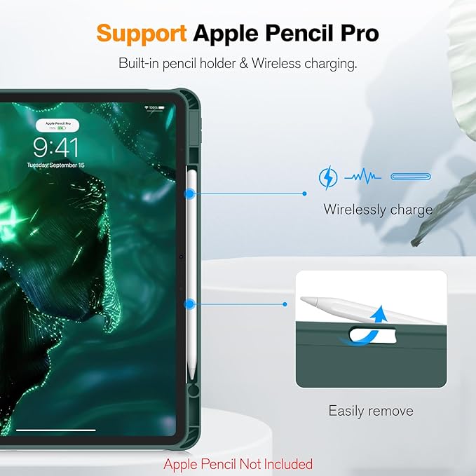 Fintie SlimShell Case for iPad Pro 13-inch (M5) 2025 / (M4) 2024 - [Built-in Pencil Holder] Soft TPU Protective Stand Back Cover with Auto Wake/Sleep, Midnight Green
