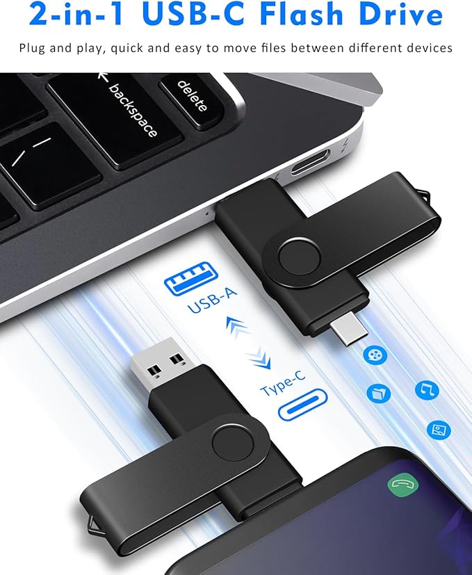 AreTop 128GB USB C Thumb Drive Dual USB 3.0 Flash Drive 128GB USB Drive Swivel Design 2-in-1 Portable Type-C Memory Stick for Android Smartphone, Computers, MacBook, Tablets, PC, 1 Pack, Black