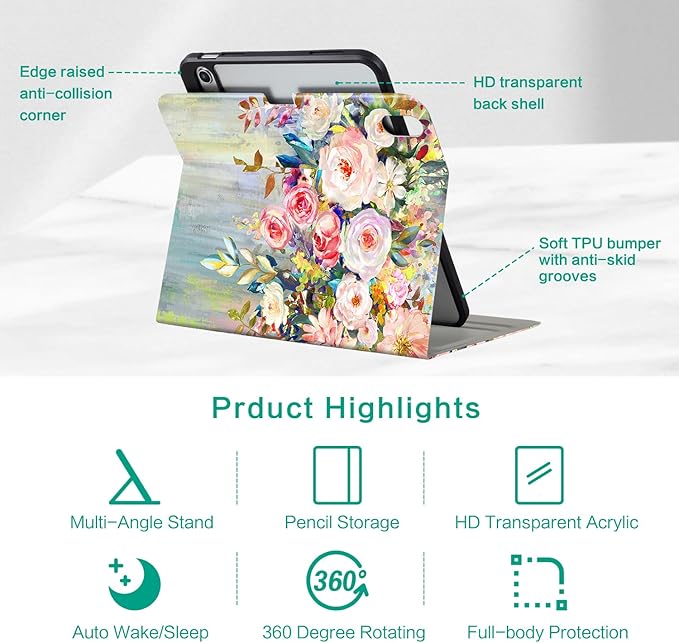 for iPad (A16) 11Th/10Th Generation Case 2025/2022, for iPad A16 Case 11th/10Th Generation 360 Degree Rotating Pencil Holder, Auto Wake/Sleep 4 Viewing Angles Slim Cover, Oil Painting Flowers