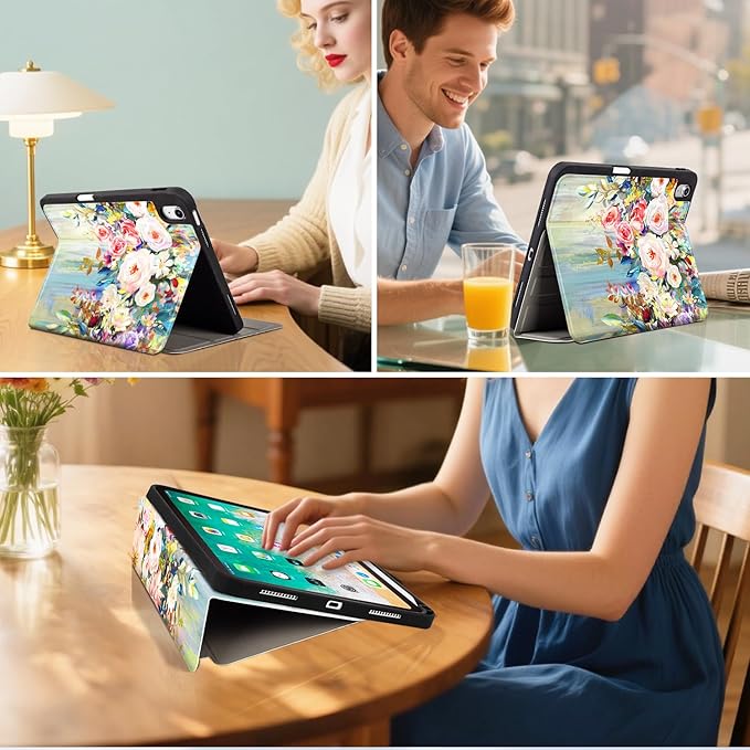 for iPad (A16) 11Th/10Th Generation Case 2025/2022, for iPad A16 Case 11Th/10Th Generation, Slim Cover Pencil Holder & 4 Viewing Angles & Typing Stand, Art Oil Painting Flower Floral