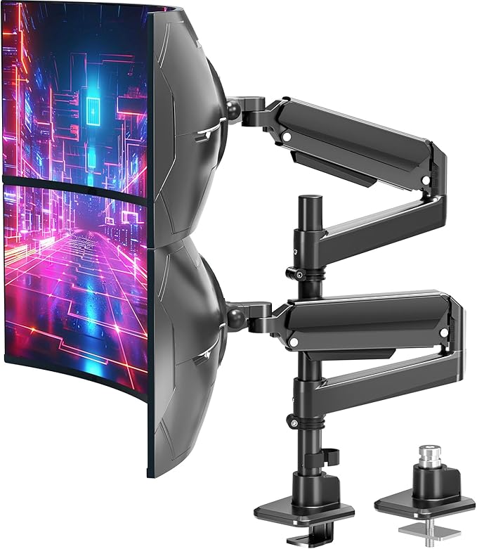 MOUNT PRO Dual Monitor Arm for Max 49" Ultrawide Screens up to 44 lbs, Heavy Duty Extra Tall Monitor Desk Mount, Vertical Stacked Adjustable Dual Monitor Mount, VESA Mount 75x75mm/100x100mm