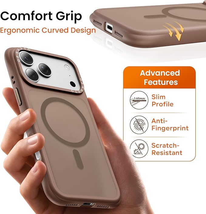 ORNARTO Magnetic for iPhone 17 Pro Max Case, 20FT Military-Grade Drop Protection, Compatible with MagSafe, Slim Shockproof Translucent Matte Phone Case for iPhone 17 Pro Max 6.9", Brown