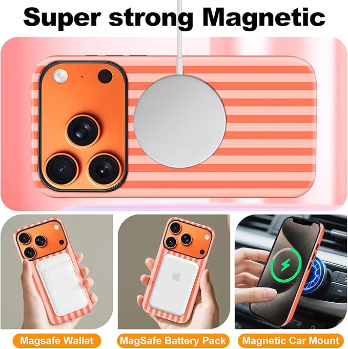 Magnetic for iPhone 17 Pro Max Case Cute Stripes Phone Case, Shockproof Slim TPU and Hard PC Protective Phone Cover Compatible with MagSafe Designed for Women Girls, Deep Orange