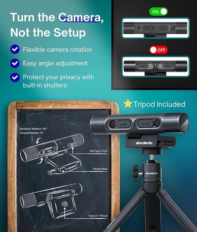 AVerMedia PW313D DualCam 2K Document Camera and Webcam for PC/Mac/Laptop, Autofocus, AI Noise Reduction, Online Teaching, Works with Zoom/Teams/Google Meet, Includes Tripod, TAA/NDAA Compliant