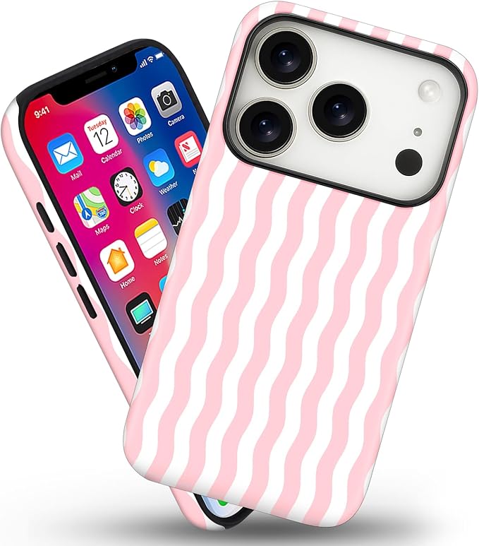 Magnetic for iPhone 17 Pro Max Case Cute Wavy Stripes Phone Case, Shockproof Slim TPU and Hard PC Protective Phone Cover Compatible with MagSafe Designed for Women Girls, Pink