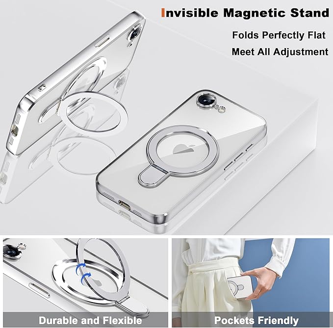 Compatible with iPhone 17E/16E Case with Invisible Magnetic Ring Stand [Compatible with Mag-Safe] [Full Camera Lens Protector] Plating Clear Phone Case for iPhone 17E/16E 6.1", Silver