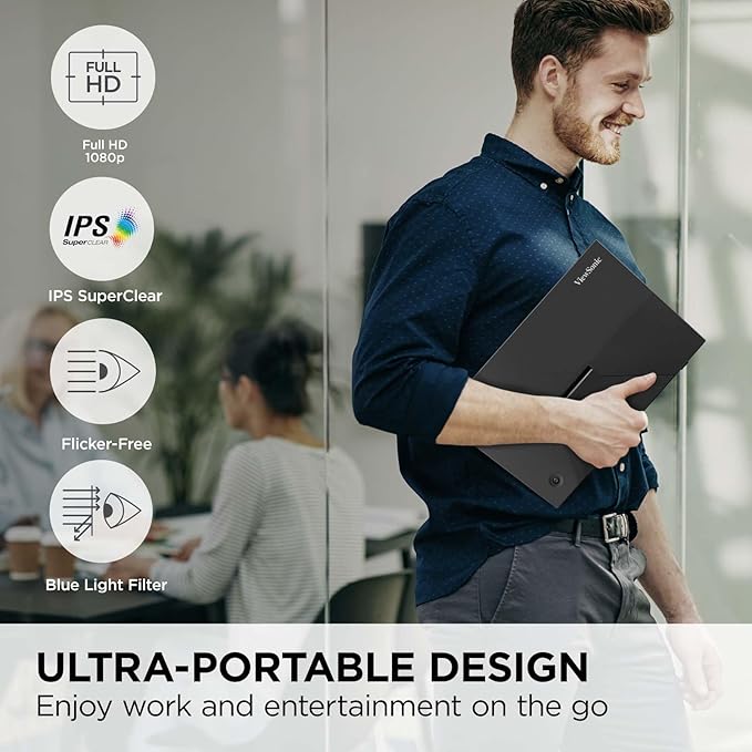 ViewSonic VA1653 16 Inch 1080p Portable Monitor, IPS Display with Eye Care for Easy Second Screen Productivity, Built-in Stand, USB-C, Mini HDMI, and Protective Case