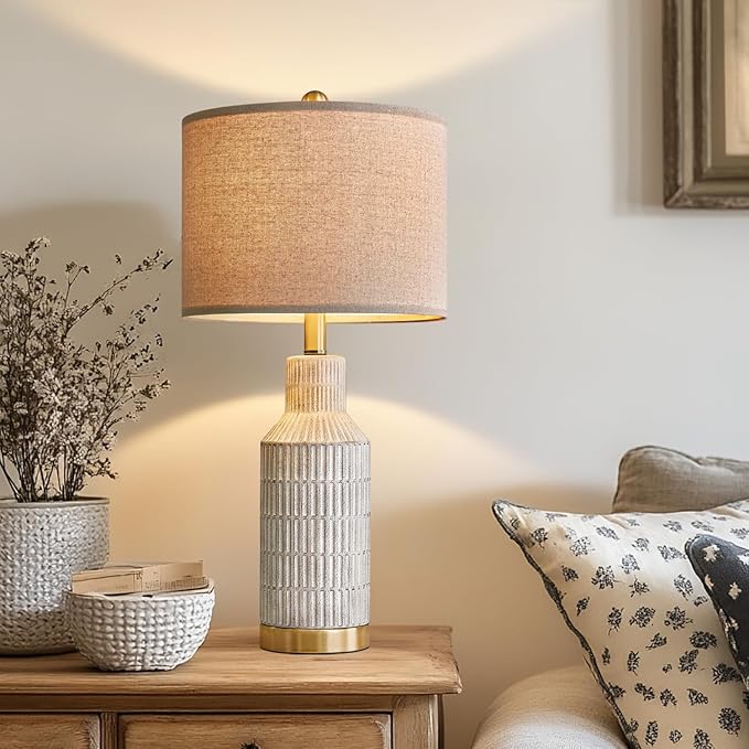 USumkky 25" Table Lamps Set of 2 - Modern Bedside Lamps for Living Room - White Washed Ceramic Nightstand Lamps for Bedroom
