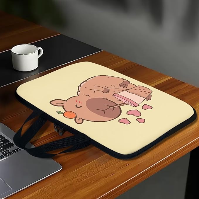 15 Inch Capybara Bubble Tea Laptop Sleeve, Protective Tablet Case with Handle, Water Resistant Zipper Computer Bag Carrying Case Notebook Cover Messenger Briefcase for Women