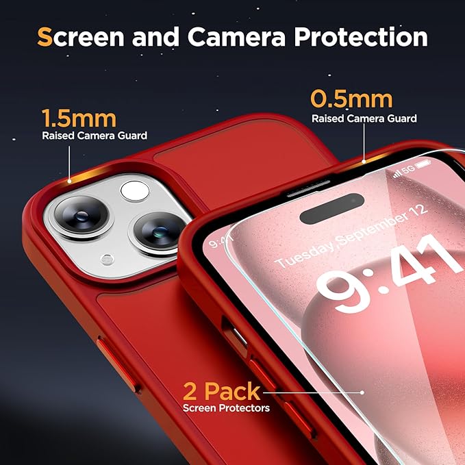 Miracase Magnetic for iPhone 15 Case (Compatible with MagSafe)（with 2X Screen Protectors） Military-Grade Protection, Anti-Fingerprint Translucent Matte Phone Cover for iPhone 15 6.1 inch, Red