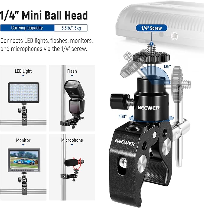 NEEWER Mini Articulated Ball Head with Crab Clip Mic Holder with 1/4" to 5/8" Thread, Compatible with SmallRig Camera Cage and Microphones, Support up to 3.3 lbs