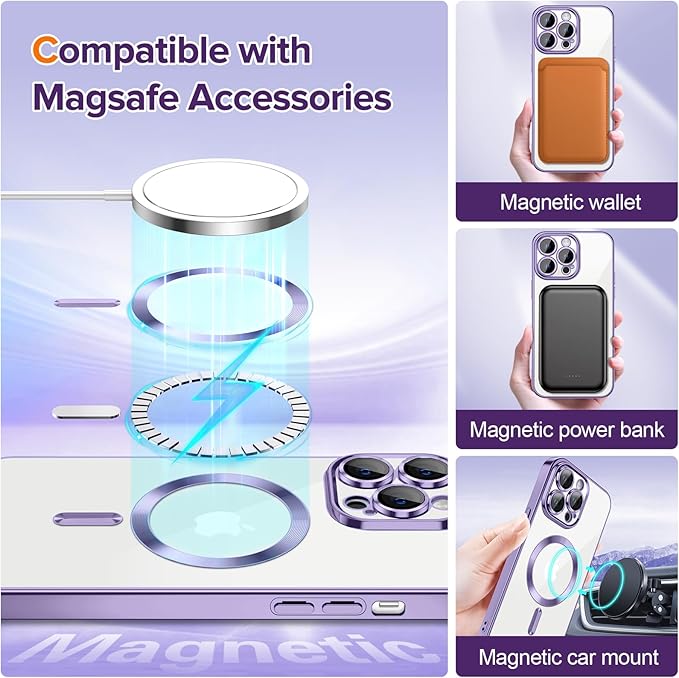 Hython Magnetic Clear for iPhone 13 Pro Case with Camera Lens Protector [Compatible with MagSafe] Luxury Plating Edge Slim Soft TPU Cover Protective Phone Case for iPhone 13 Pro 6.1", Light Purple