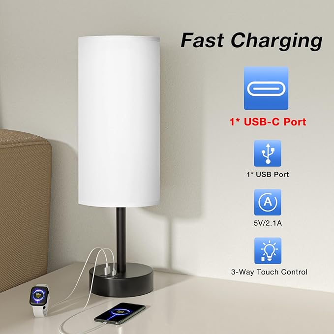 Dicoool Bedside Touch Table Lamps for Bedroom Nightstand with USB-C USB-A Charging Ports White, 3 Way Dimmable Small Lamp Fabric Shade Black Base for Office, Living Room, Dorm Room Reading
