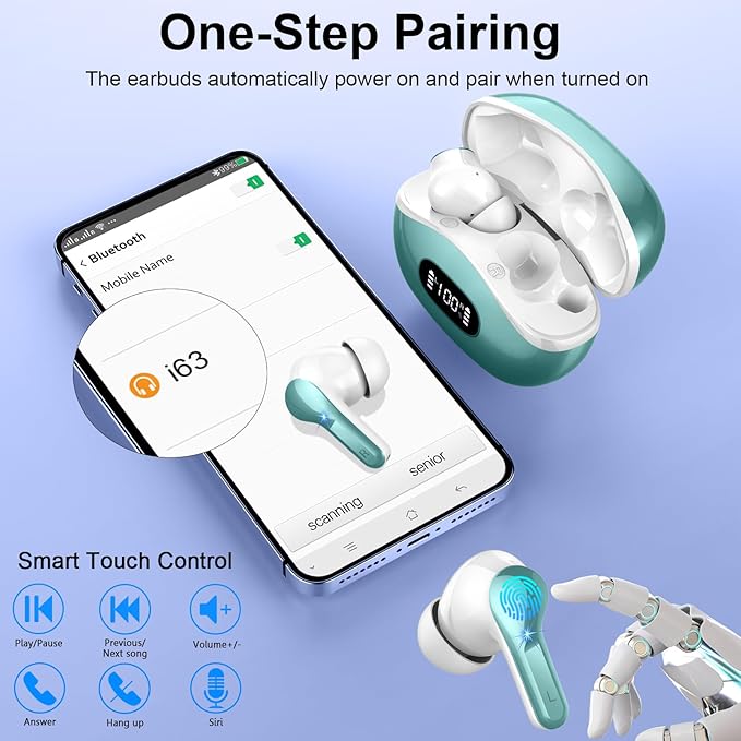 Wireless Earbuds, 48Hrs 2026 Bluetooth Headphones, Hi-Fi Stereo Deep Bass Ear Buds, ENC Noise Cancelling Mic, Clear Calls, IP-X7 Waterproof, USB Sport Earphones in Ear for Phones Laptop Pad, Green