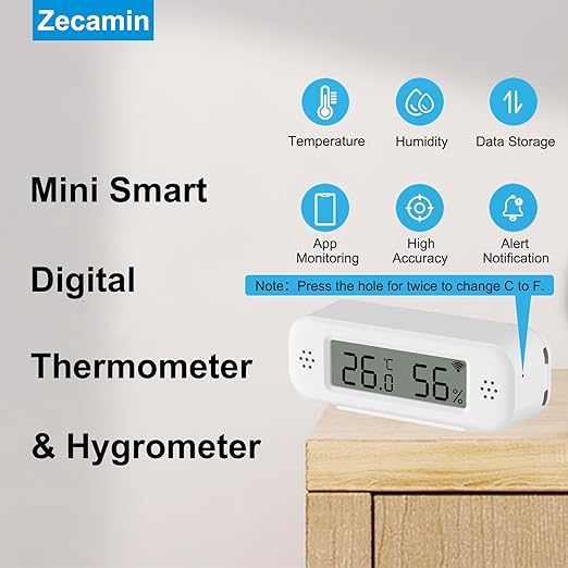 Smart Digital Thermometer Hygrometer, WiFi Indoor Temperature Humidity Sensor with App Alerts, Mini Room Temperature Meter with Data Storage and Export, Compatible with Alexa. 1PCS