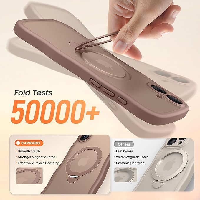 CAPRARO for iPhone 16 Case with 360° Spin Magnetic Stand for Women, [Compatible with MagSafe] [Full Camera Protection] Cute Wave Translucent Matte Case for iPhone 16, Brown