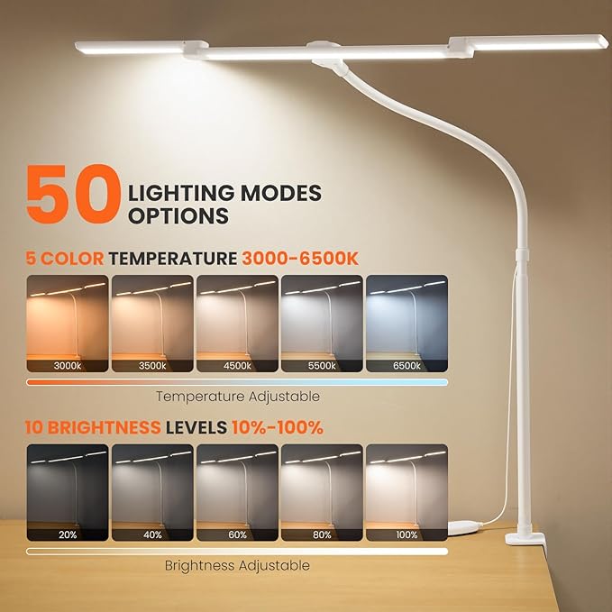 LiFMIRA LED Desk Lamp for Office Home, Adjustable 3 Head Computer Monitor Light with Clamp, Eye Caring Clip on Desk Light Stepless Dimming Architect Desk Lamp for Reading Study Workbench White