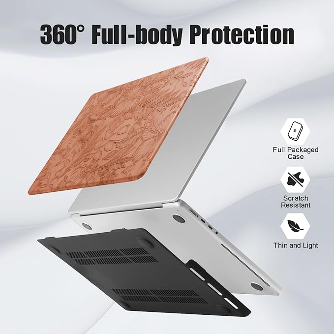 DTangLsm for MacBook Air 15 inch Case 2026 2025 2024 2023 M5 M4 M3 M2 A3448 A3241 A3114 A2941, Elegant Textured Retro Leather Hard Cover for M5 MacBook Air 15 Case+Keyboard Skin, Brown Embossed Floral