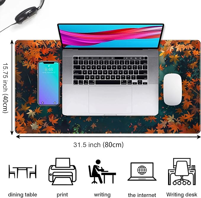 Maple Leaves Desk Mat Gaming Mouse Pad Large, Extended Desk Pad Full Desk Cover Mat, Fall Leaves Laptop Keyboard Pad, Computer Desktop Mat XXL, Aesthetic Fall Desk Accessories 31.5x15.7 Inch