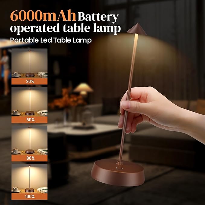 Rechargeable Cordless Small Table Lamp,6000mAh Battery Operated,LED Touch Dimmable Modern TableTop,Portable Outdoor Wireless Bedside Night Light for Restaurant/Dining/Bedroom/Living Room/Coffee(Brown)