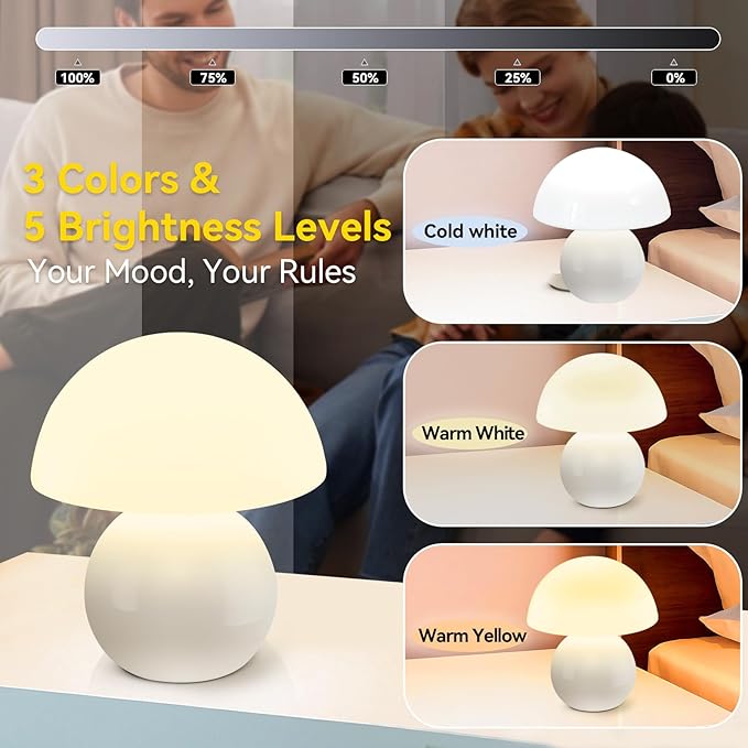 Remote Control Mushroom Lamp with Timer – 3-Color Dimmable Bedside Light, Ceramic Base & Glass Shade, Modern Decorative Night Lamp for Bedroom, Living Room, and Home Office (Sunset Orange)