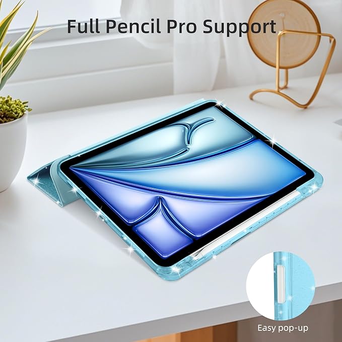 Case for iPad Air 13 Inch (M4/M3/M2, 2026/2025/2024) & iPad Pro 12.9 6/5th Gen (2022/2021), Glittering Sparkly Cover with Shiny Clear Back Shell, Trifold Stand Case with Pencil Holder, Blue