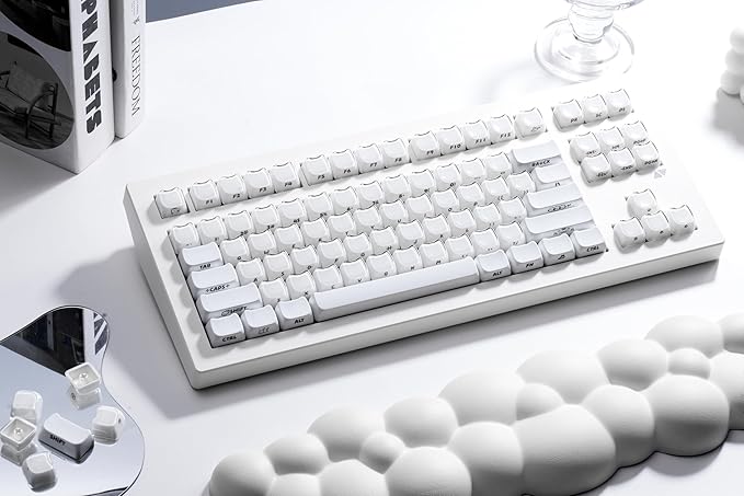 ZORNHER CG870 Wireless Mechanical Keyboard,80% White Gaming Keyboard, Creamy Keyboard,Cute Jelly Cat Clear Ceramic Jade Keycaps,Girly Aesthetics Kitty Keyboard,Creamy Sounding Linear Switches