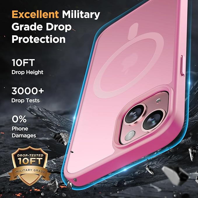 Miracase Magnetic for iPhone 15 Plus Case 6.7 inch (Compatible with MagSafe)（with 2X Screen Protectors） Military-Grade Protection, Anti-Fingerprint Translucent Matte Phone Cover, Mes Pink
